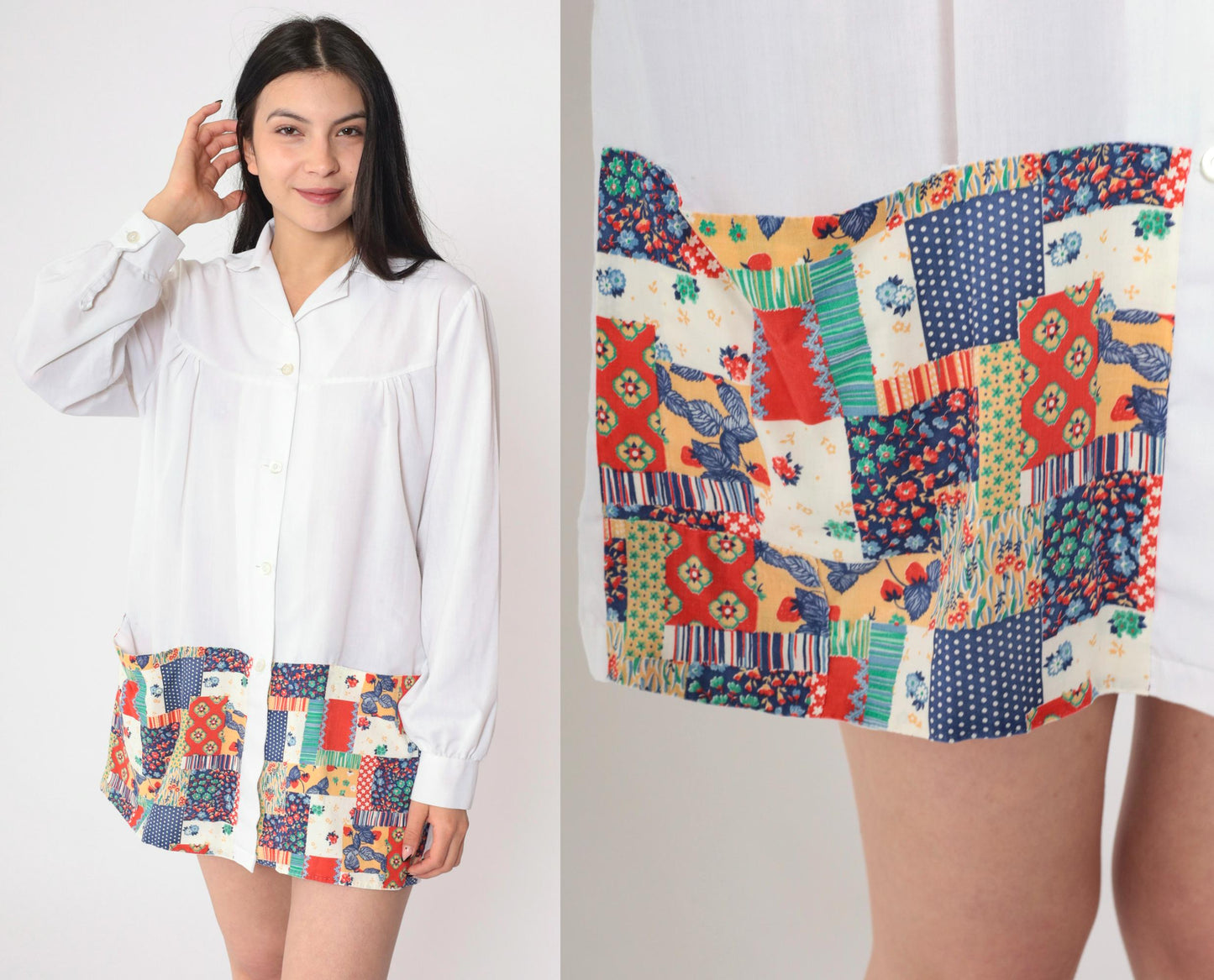 70s White Patchwork Strawberry Floral Button-Up Blouse Long Sleeve Extra Large