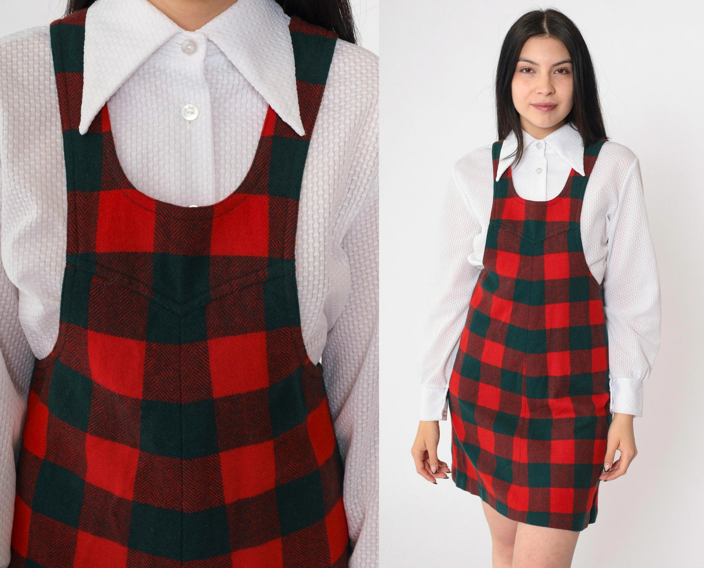 70s Plaid Jumper Dress Red Green Checkered Mini Sleeveless Extra Small