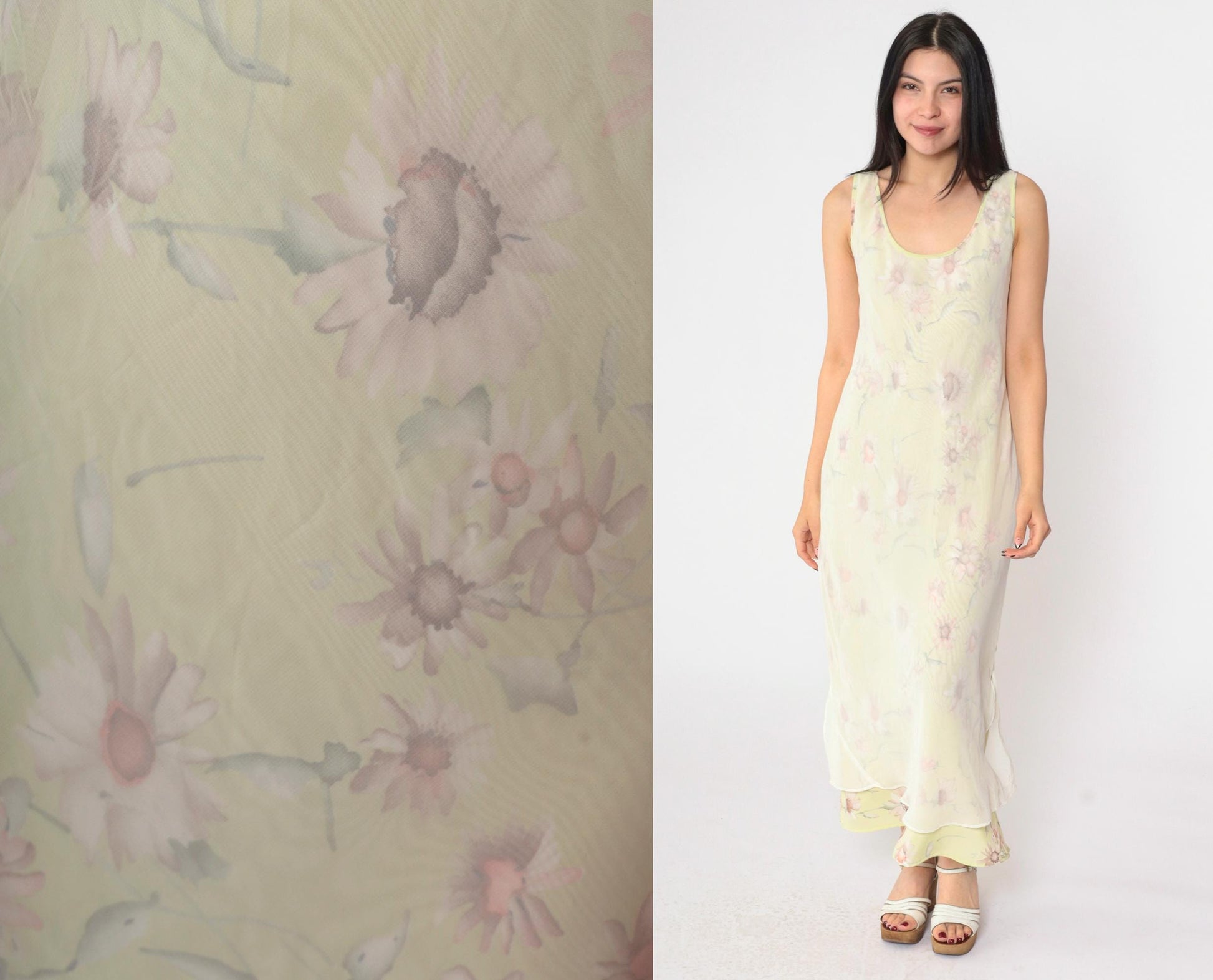 90s Green Floral Chiffon Midi Dress Sleeveless White Overlay Medium M