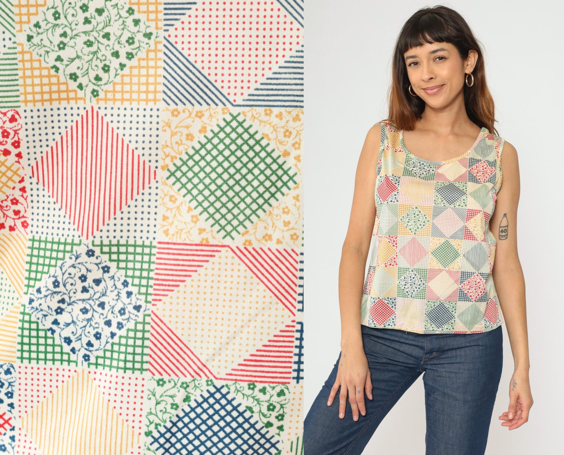 70s Patchwork Floral Tank Top Checkered Print Sleeveless Medium Large