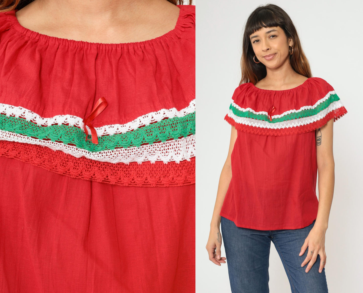 90s Red Mexican Peasant Blouse Crochet Lace Off-Shoulder Small Medium