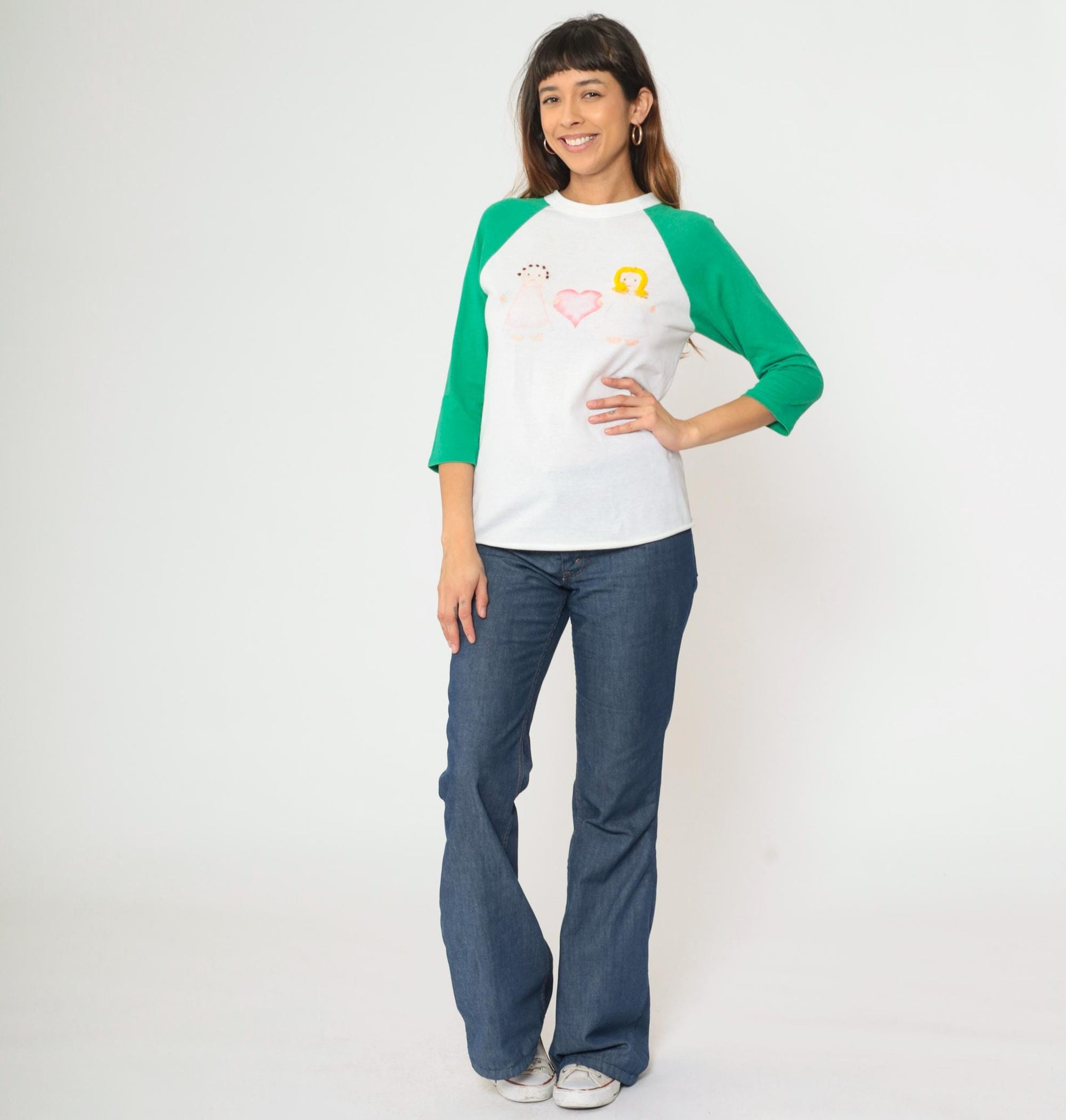 80s Raglan Baseball Tee White Green Doll Heart Graphic Small
