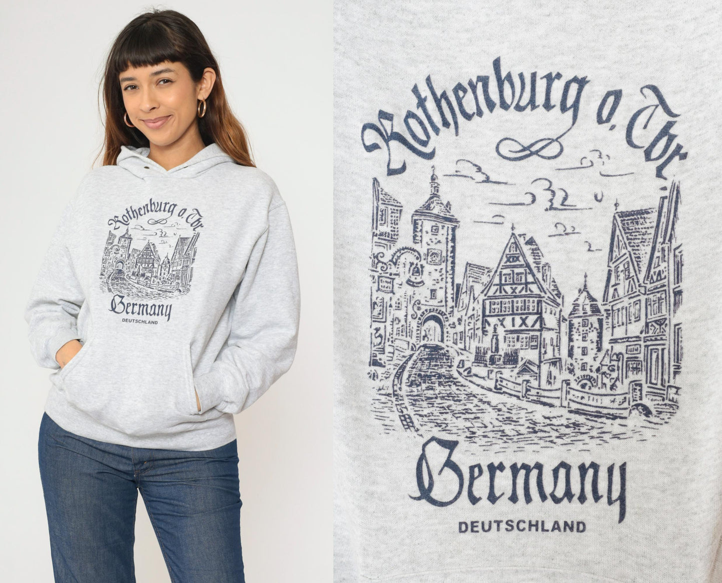 00s Rothenburg ob der Tauber Germany Hoodie Sweatshirt Grey Graphic Small