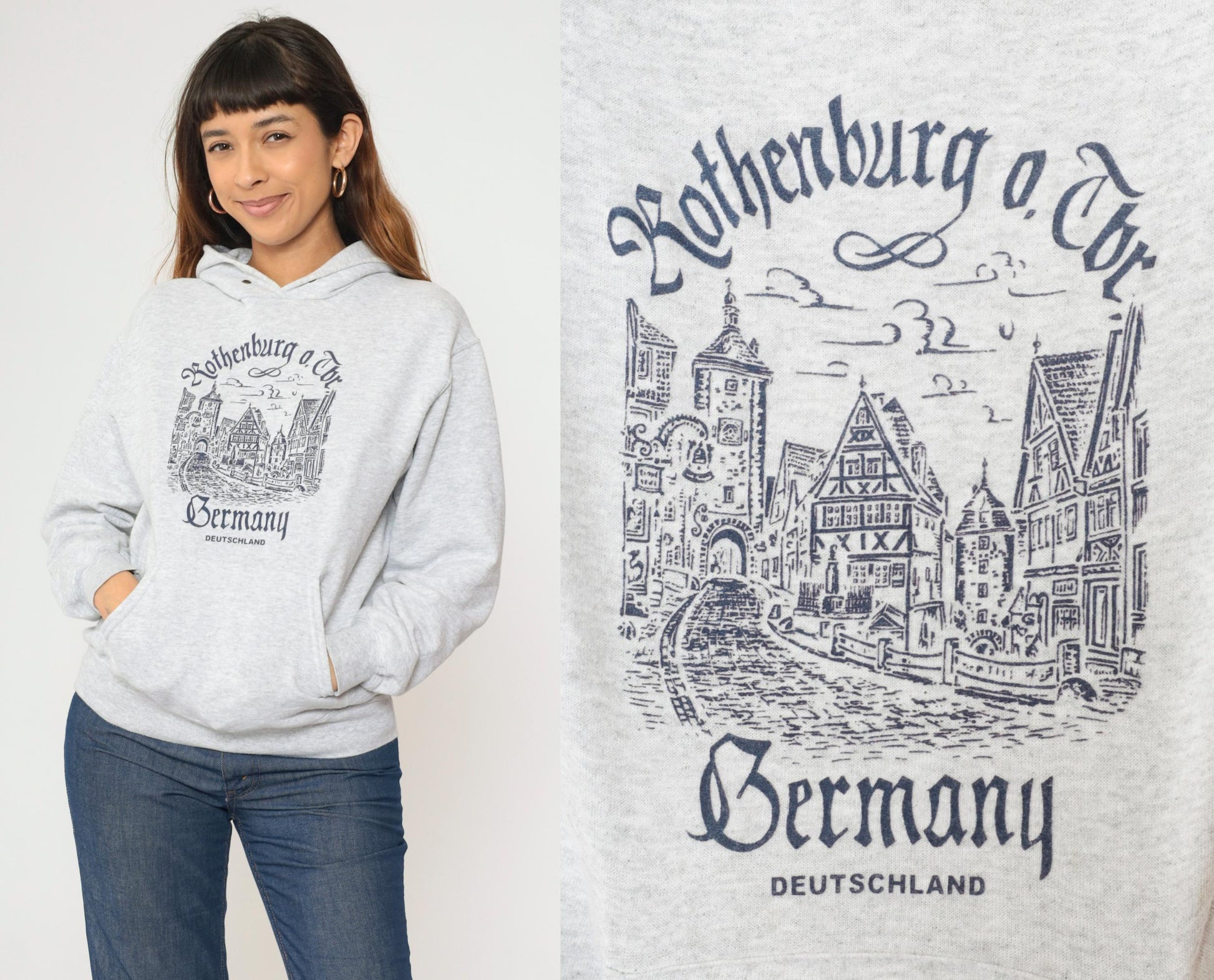 00s Rothenburg ob der Tauber Germany Hoodie Sweatshirt Grey Graphic Small