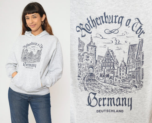 00s Rothenburg ob der Tauber Germany Hoodie Sweatshirt Grey Graphic Small
