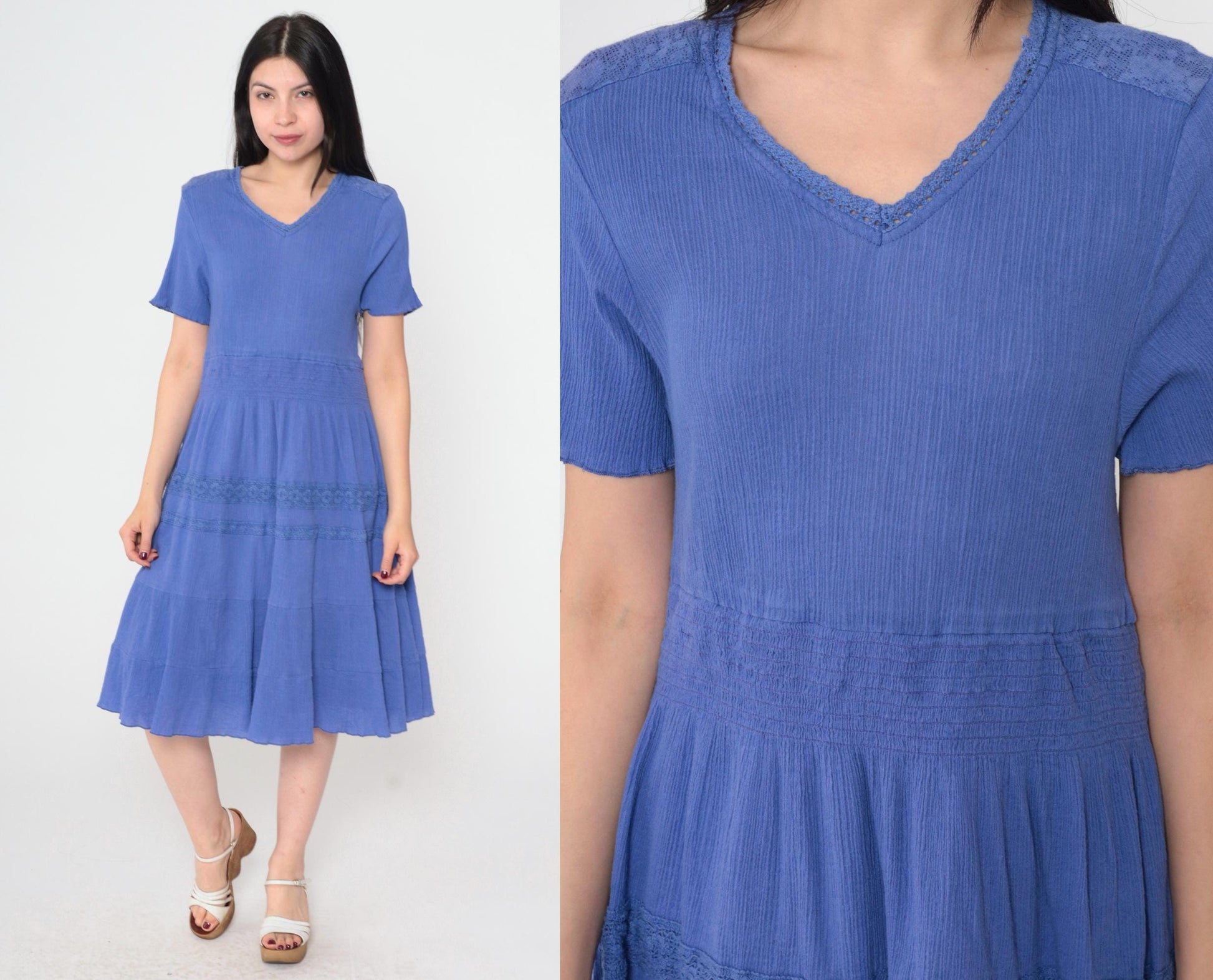 Y2K Blue Midi Dress Tiered Lace Trim V-Neck Short Sleeve Medium M