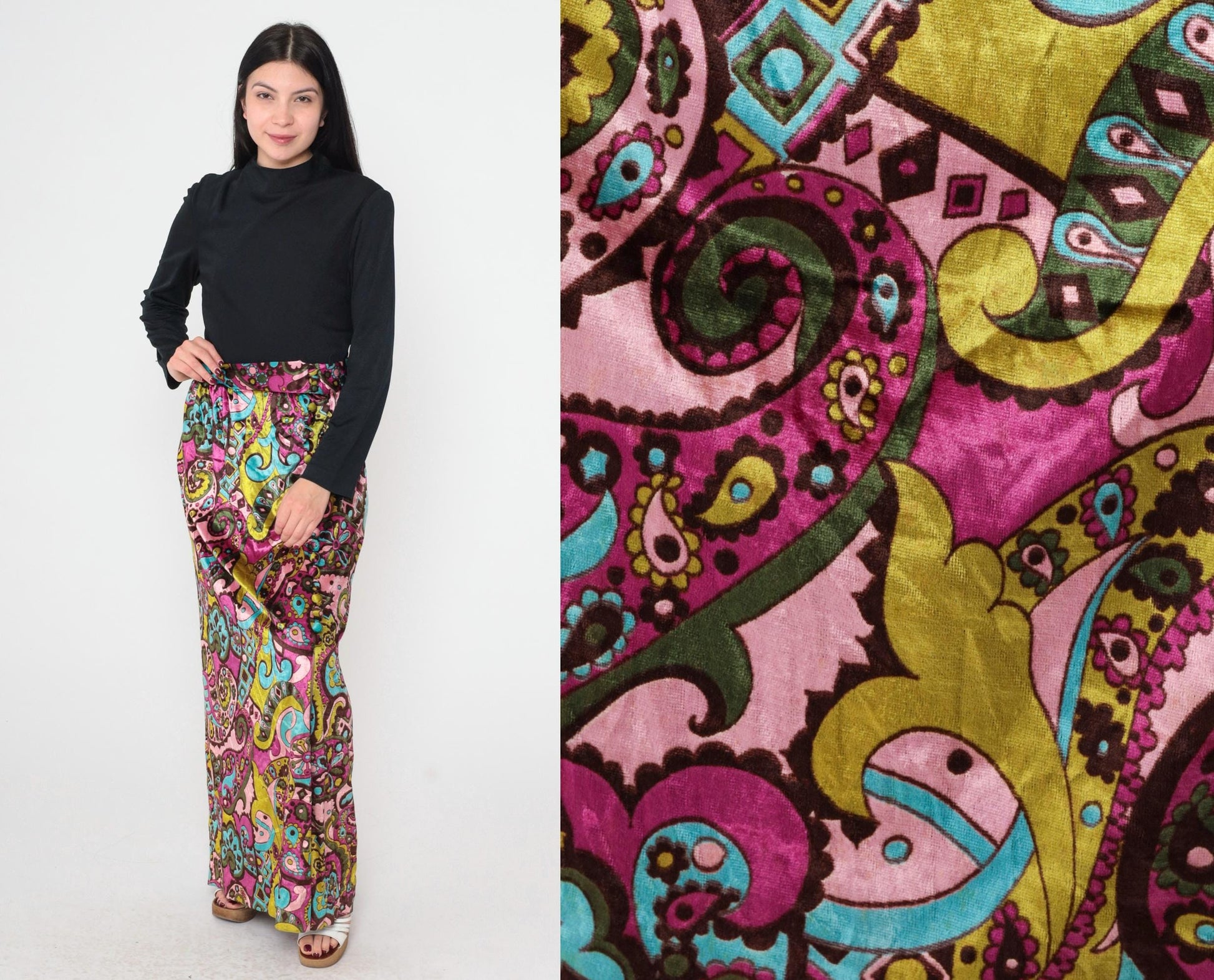 70s Psychedelic Velvet Paisley Maxi Dress Black High Waist Long Sleeve Front Slit Small
