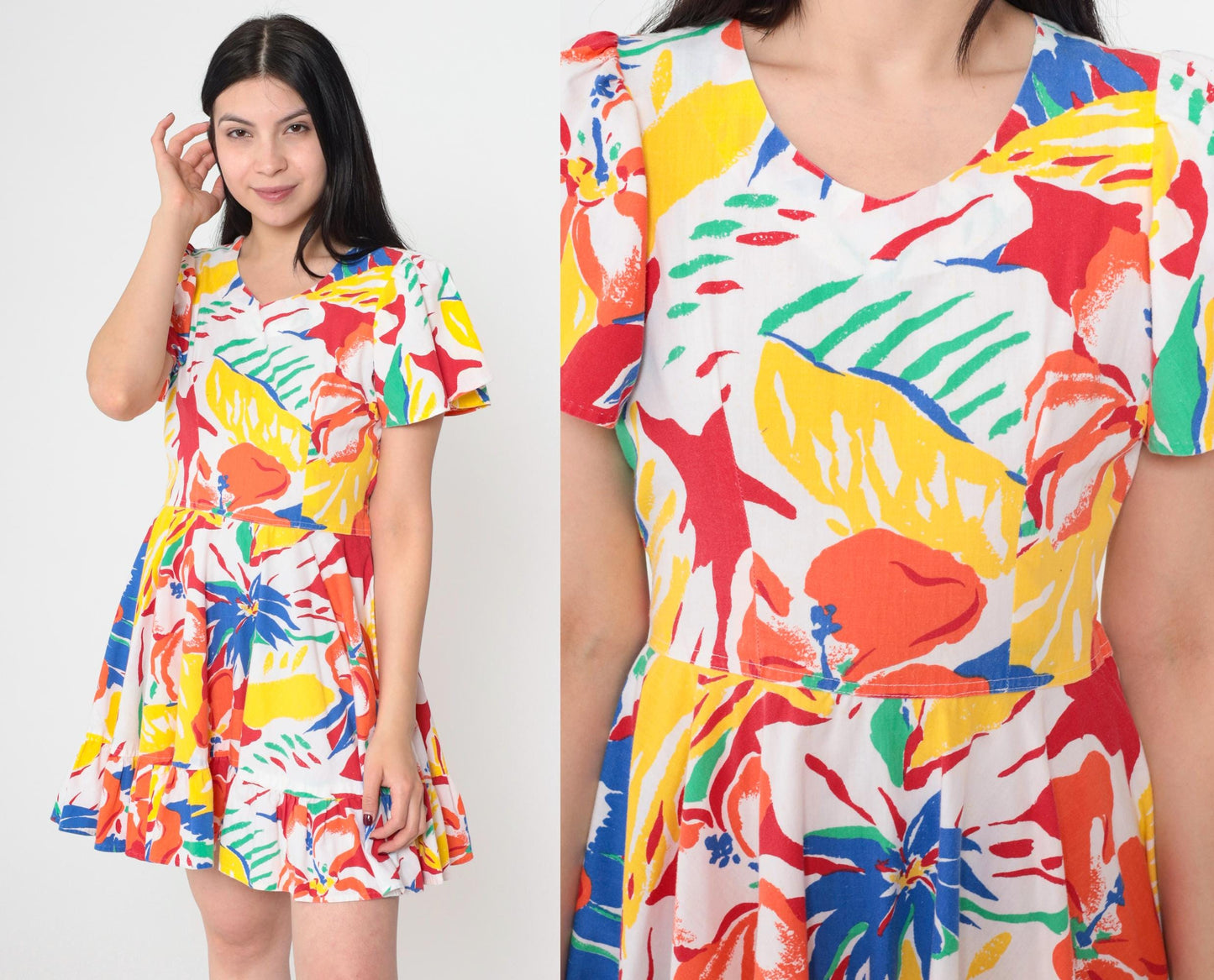 80s Floral Mini Dress Abstract Print Puff Sleeve Fit and Flare Small