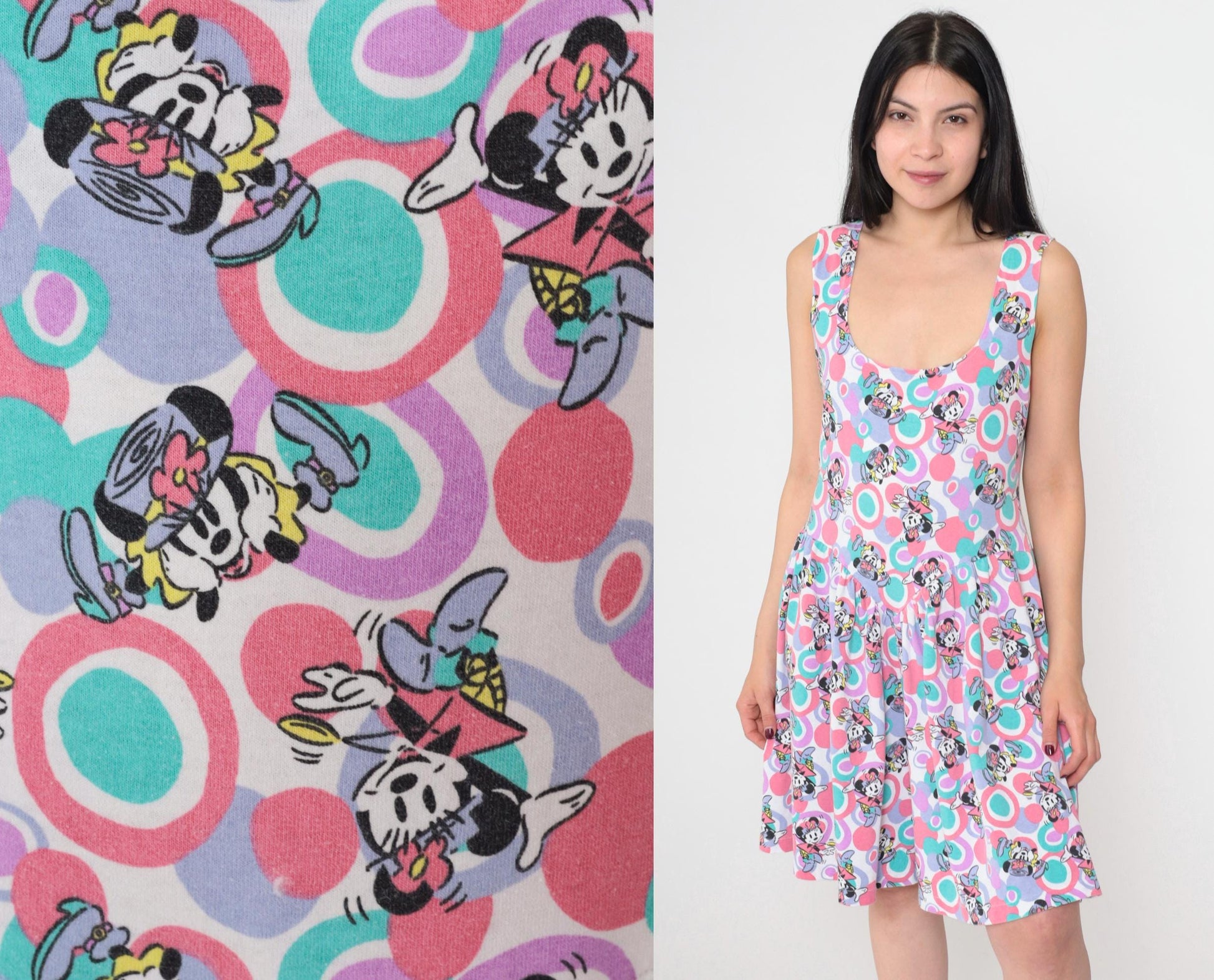 90s Disney Minnie Mouse Tank Dress Circle Print Pink Teal Lavender Small Medium