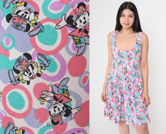 90s Disney Minnie Mouse Tank Dress Circle Print Pink Teal Lavender Small Medium