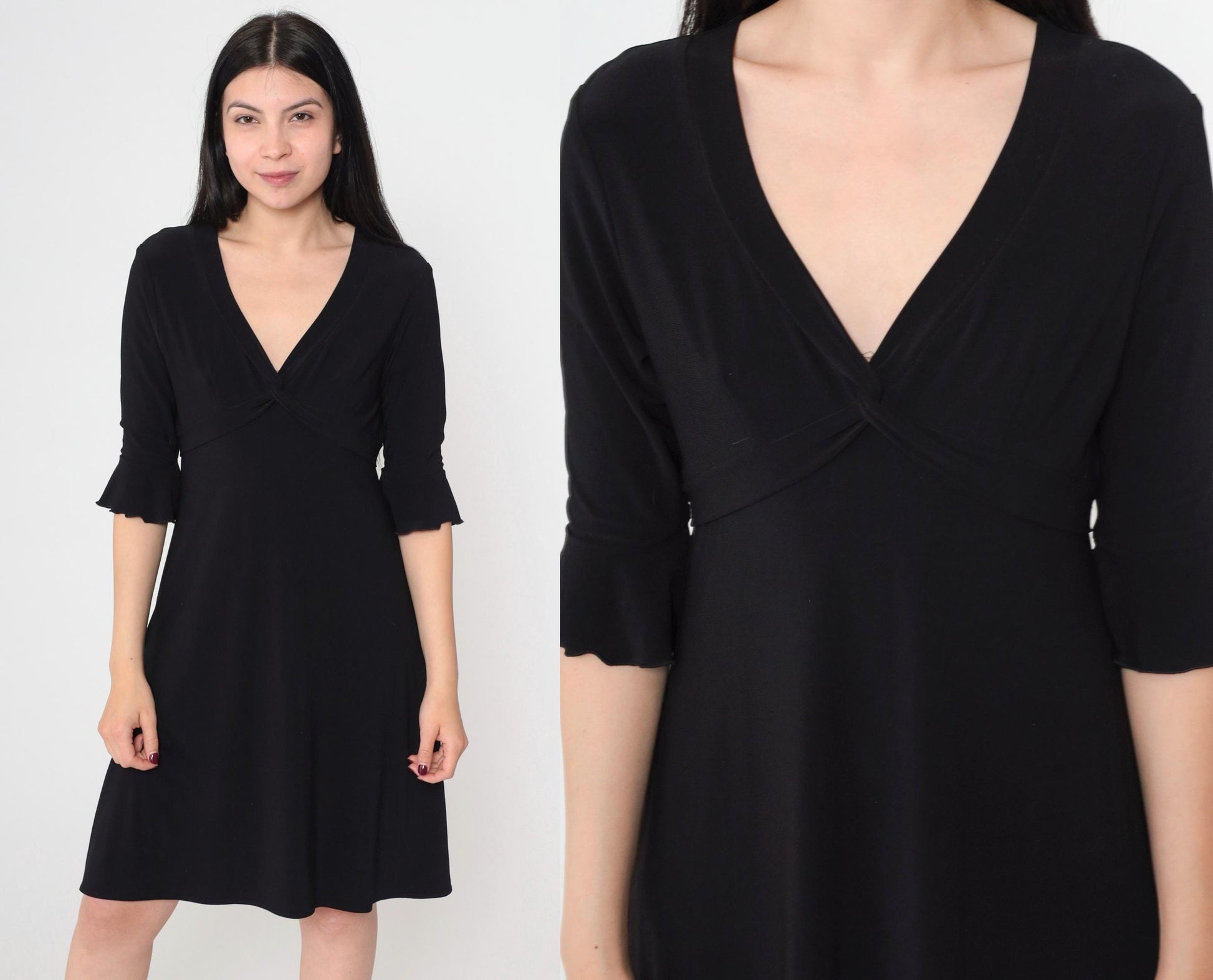 Y2K Black Mini Dress V-Neck Empire Waist Ruffle Sleeve Medium M