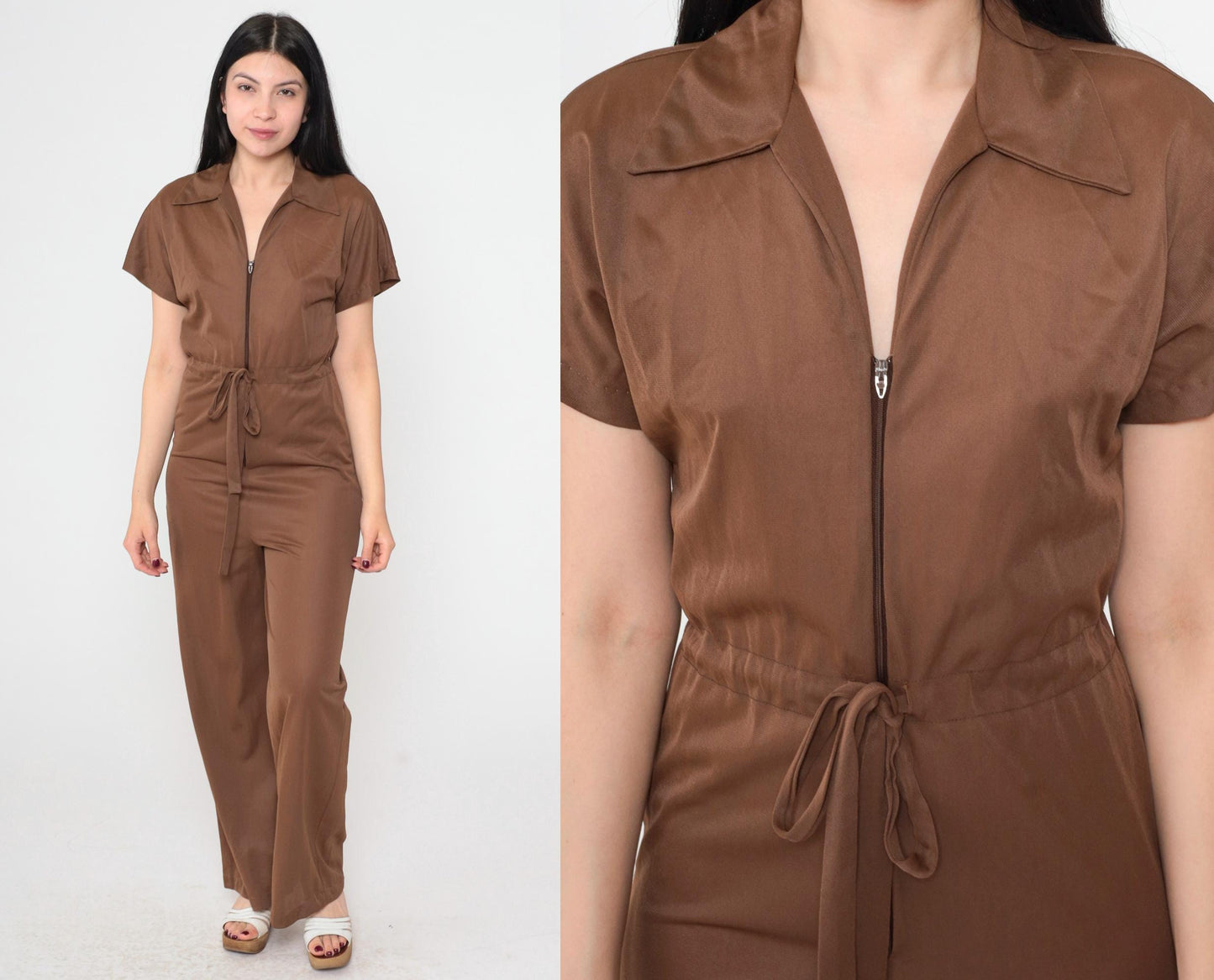 70s Brown Nylon Jumpsuit Wide Leg High Waist Zip Front Short Sleeve Extra Small