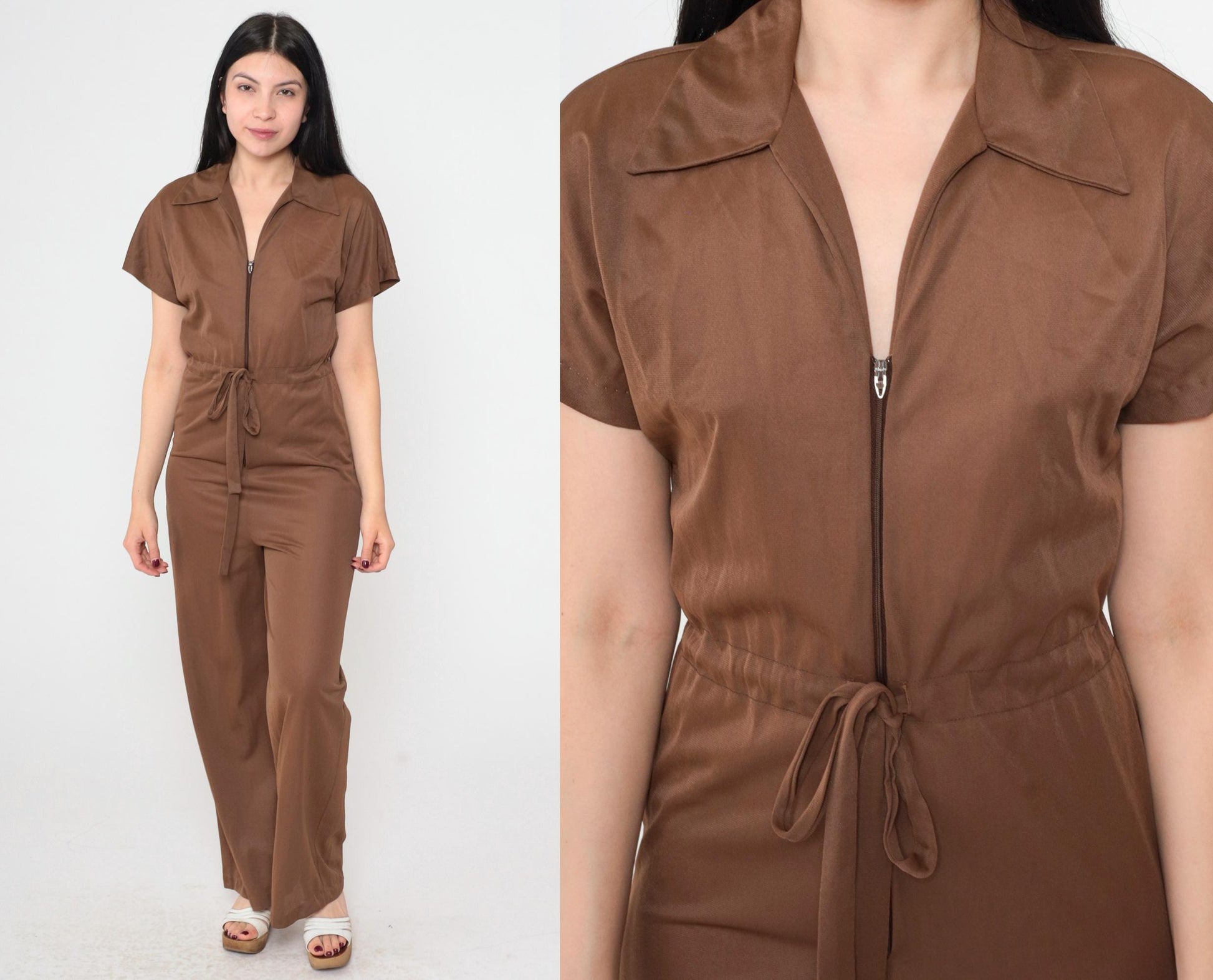 70s Brown Nylon Jumpsuit Wide Leg High Waist Zip Front Short Sleeve Extra Small