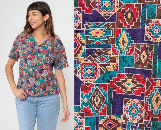 90s Southwestern Geometric Button-Up Blouse Cotton Short Sleeve Medium M