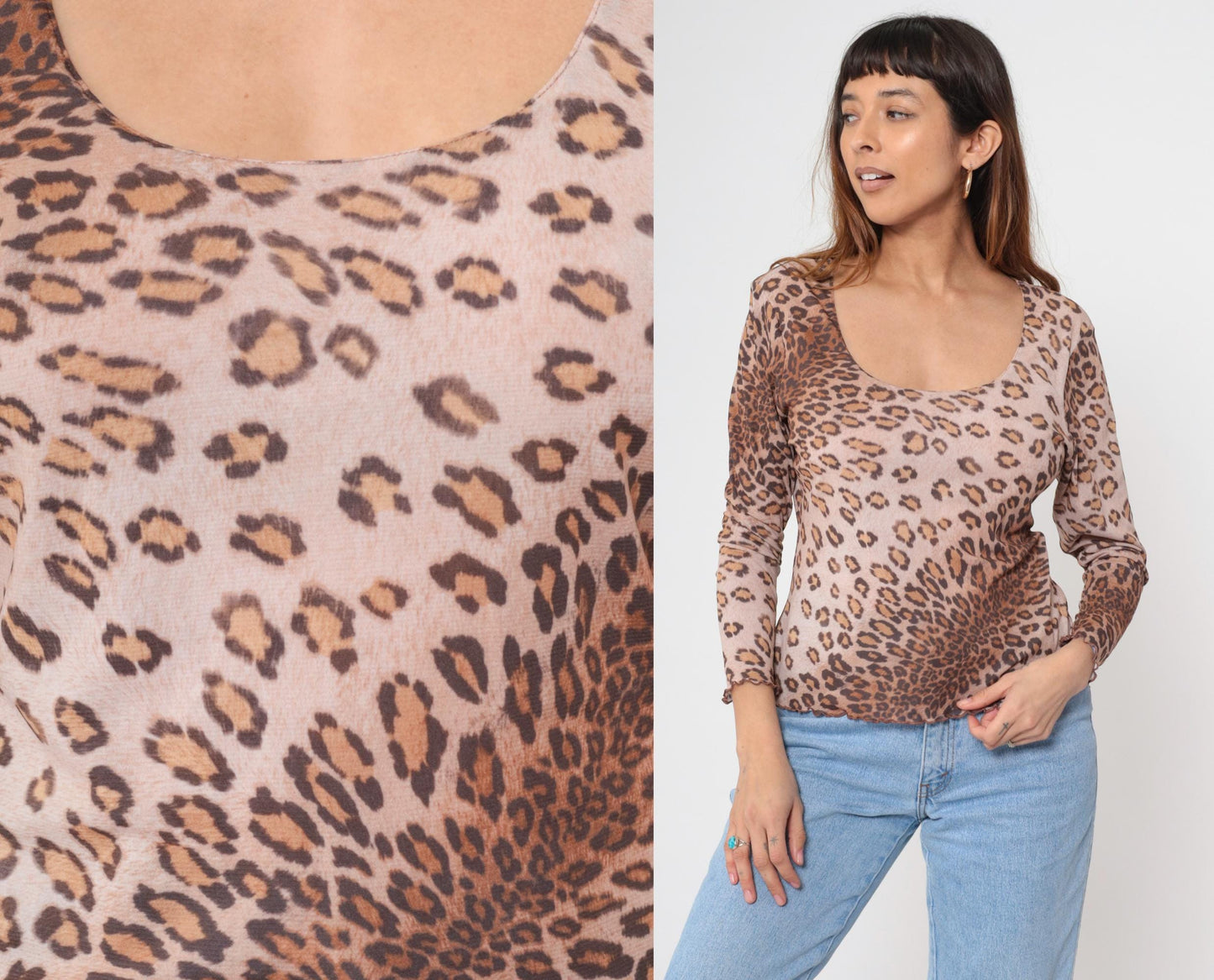 Y2K Leopard Print Long Sleeve Top Scoop Neck Lettuce Edge Large L