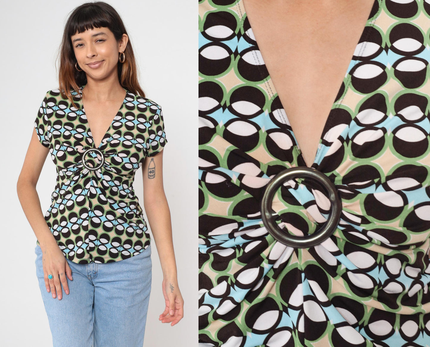 Y2K Geometric Print Top Green Black Blue O-Ring V-Neck Short Sleeve Small