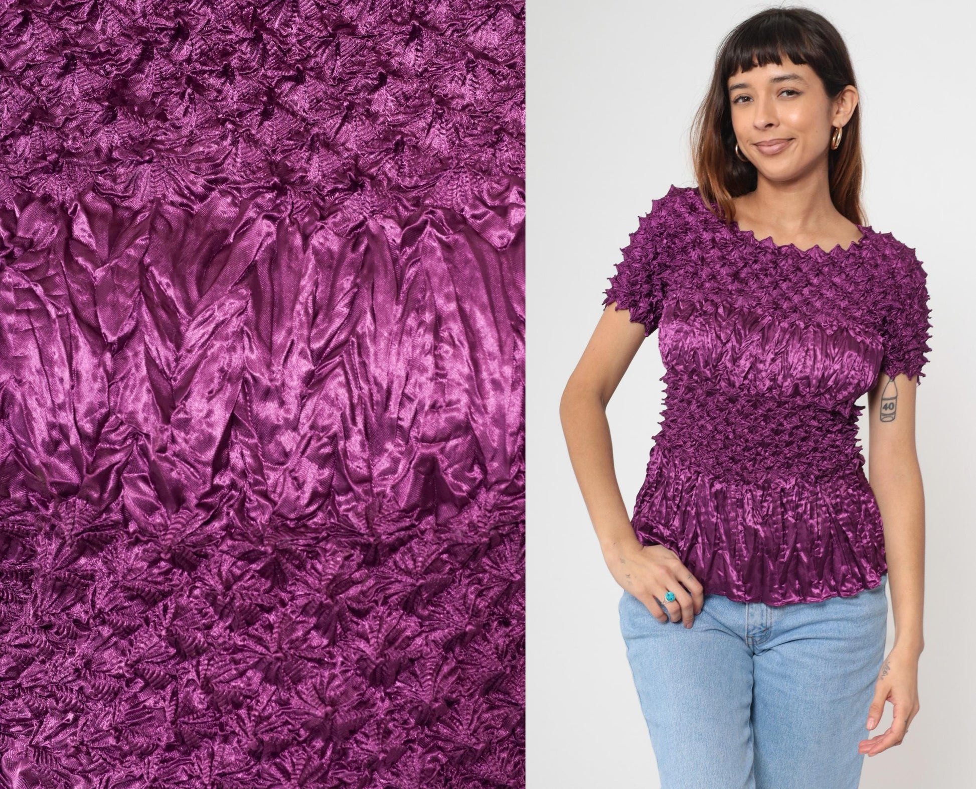 Y2K Purple Popcorn Textured Short Sleeve Top Small