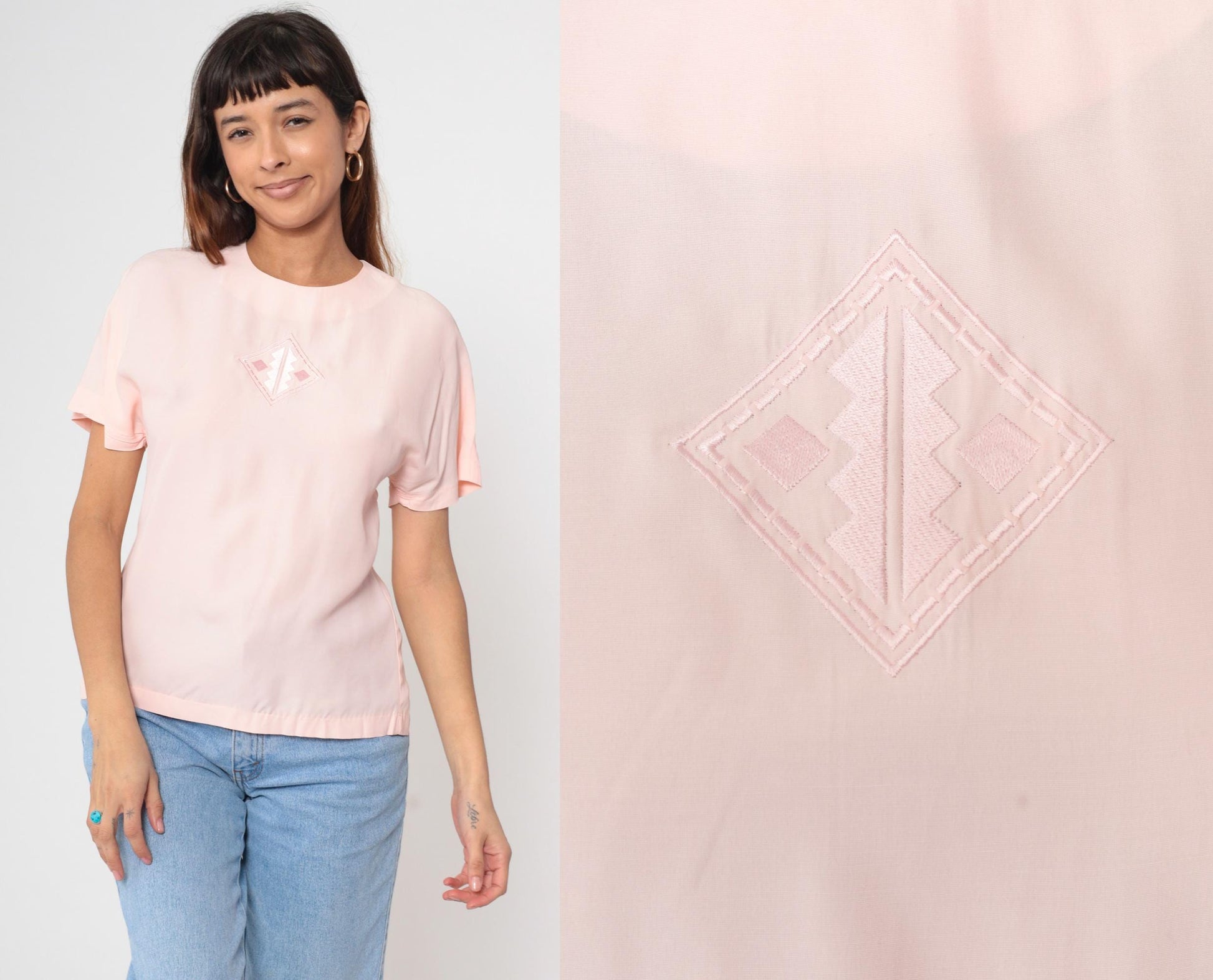80s Nicole Blake Petites Blush Pink Embroidered Diamond Blouse Short Sleeve Small S