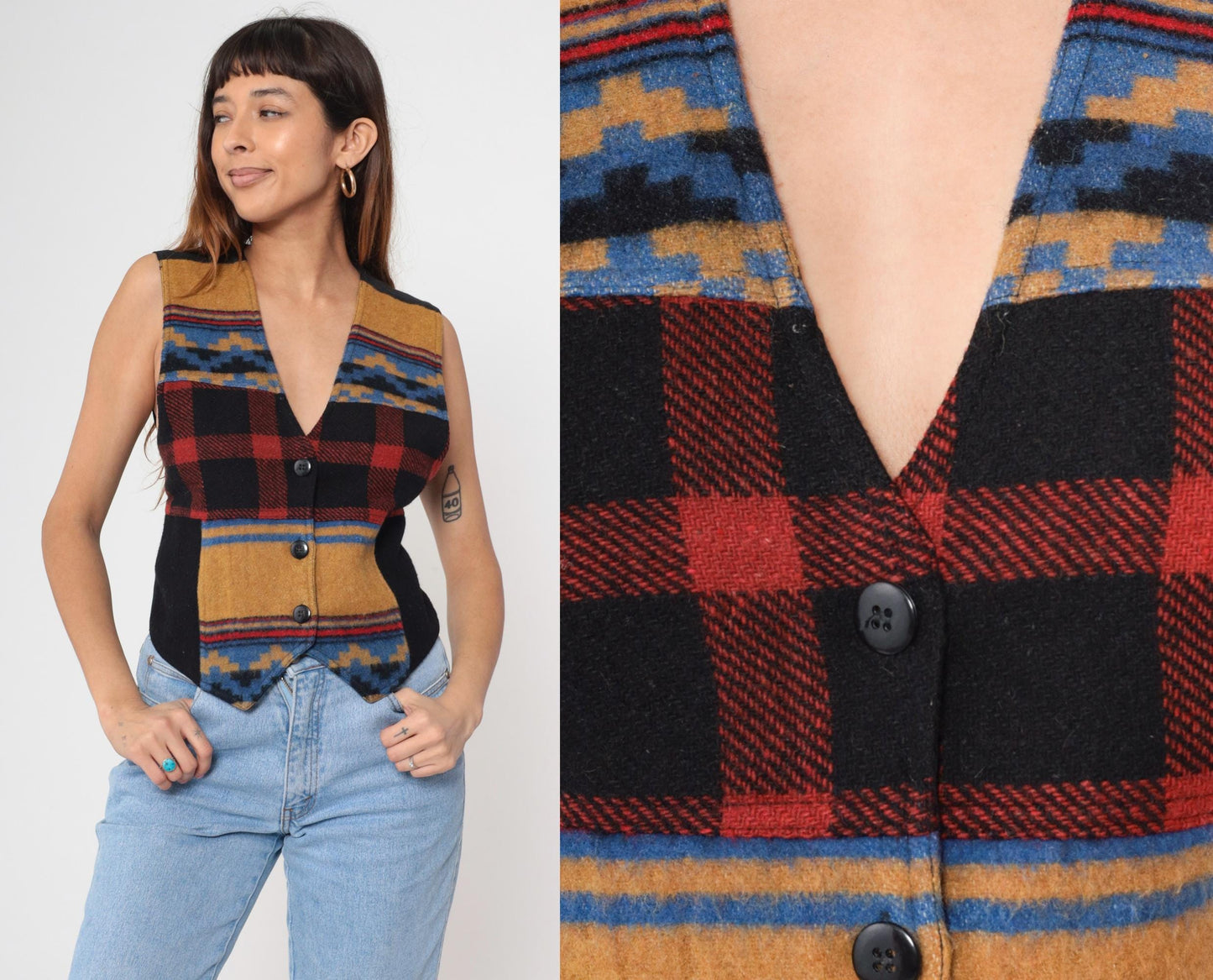 90s Southwestern Plaid Wool Vest Black Red Geometric Button V-Neck Small