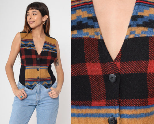 90s Southwestern Plaid Wool Vest Black Red Geometric Button V-Neck Small