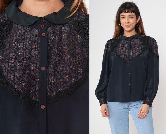 80s Black Satin Blouse Metallic Lace Yoke Beaded Sequin Puff Sleeve Medium