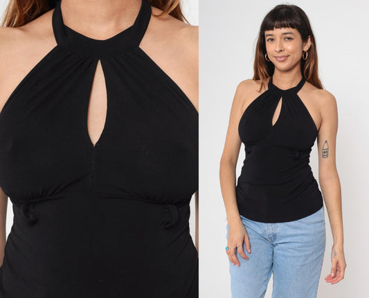 Y2K Black Halter Keyhole Sleeveless Top Empire Waist Open Back Small Medium