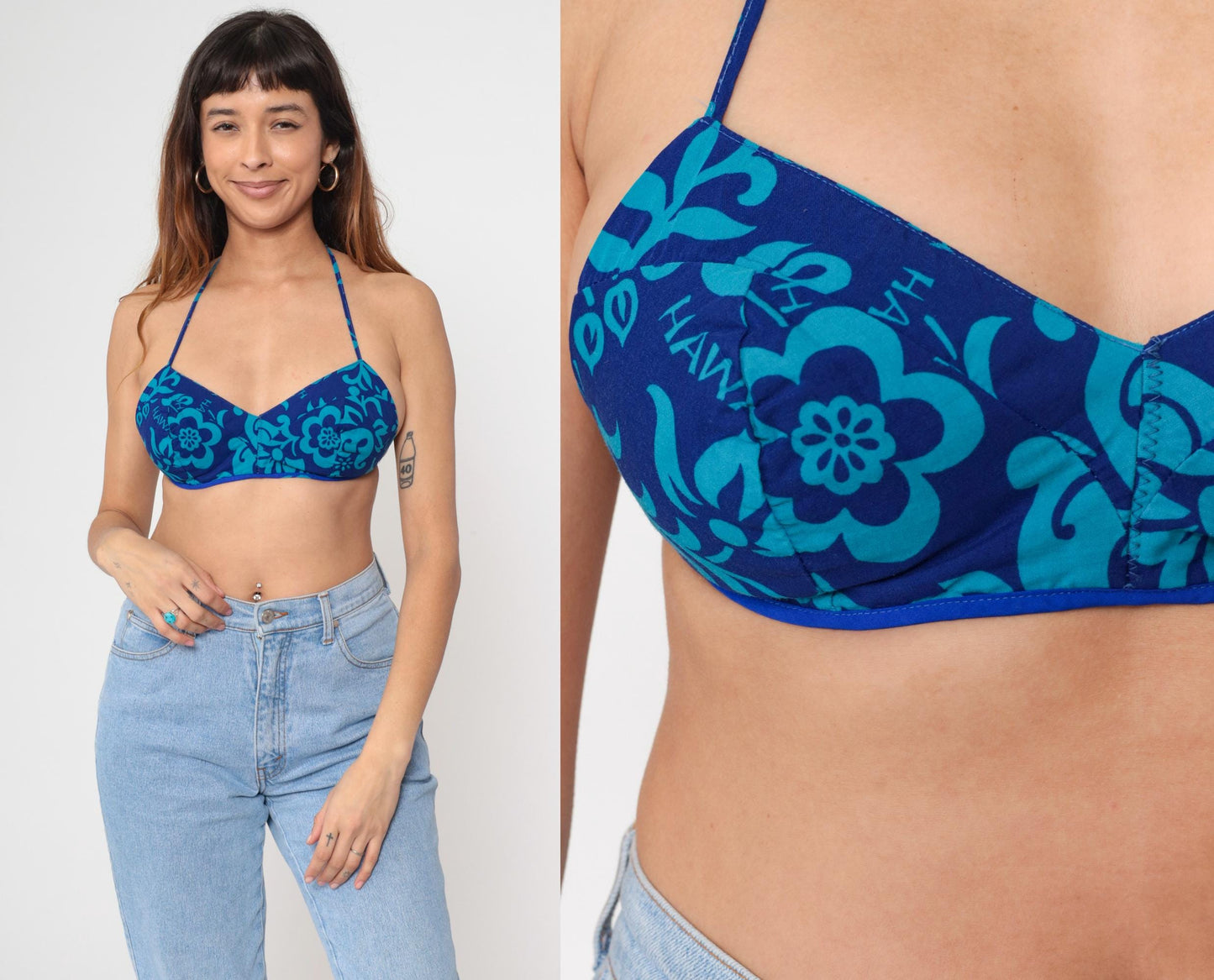 70s Hawaiian Floral Bikini Top Blue Halter Neck Tropical Swimwear Extra Small