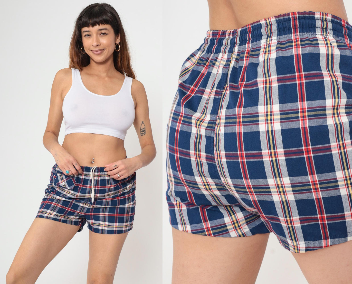 70s Towncraft Plaid Swim Trunks Navy Red White Checkered Small
