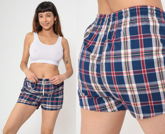 70s Towncraft Plaid Swim Trunks Navy Red White Checkered Small