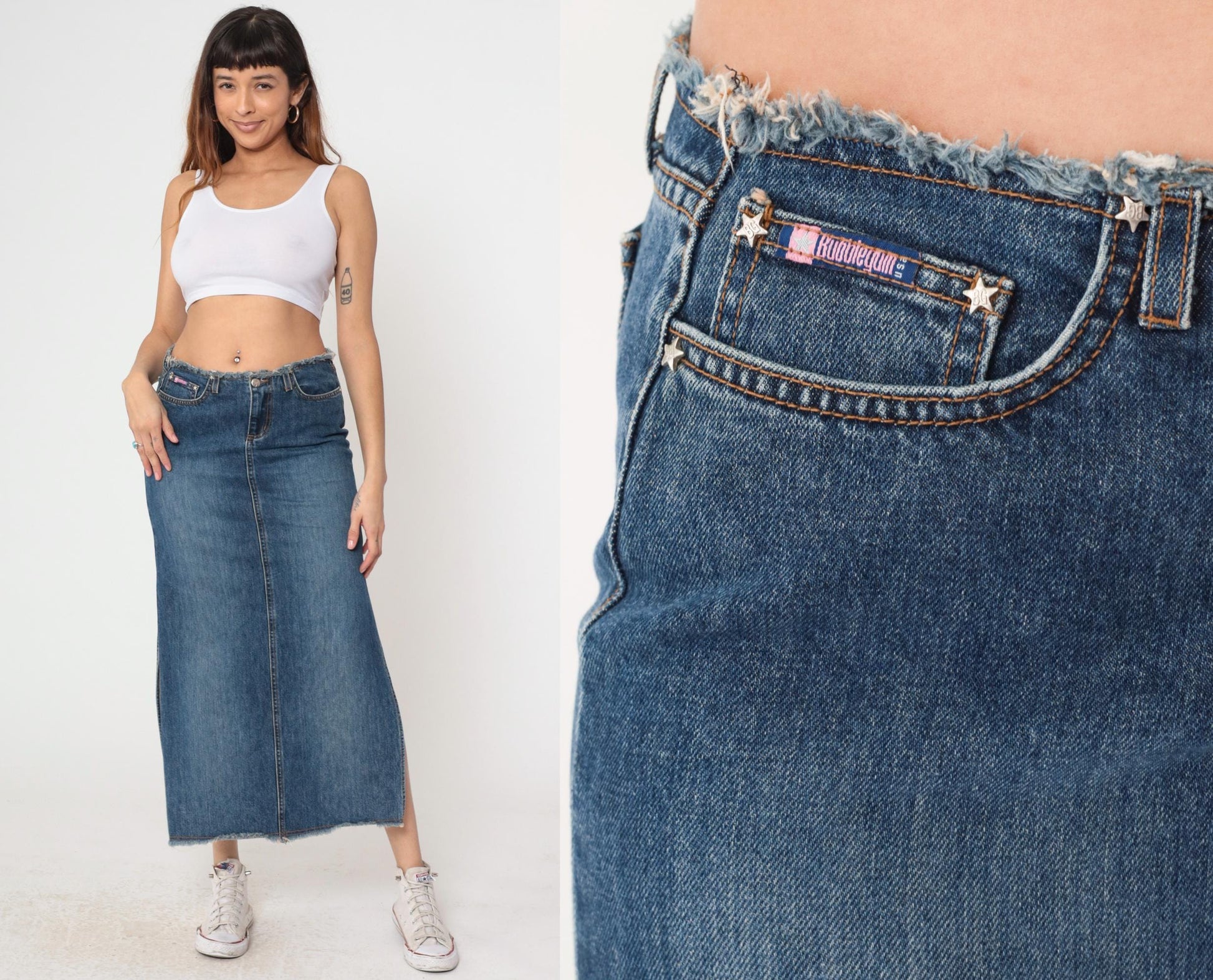 Y2K Faded Blue Denim Maxi Skirt Low Rise Side Slit Jean Skirt Small