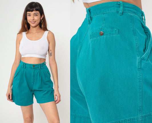 90s Lizwear Teal Denim Shorts High Waist Pleated Mom Shorts Extra Small XS