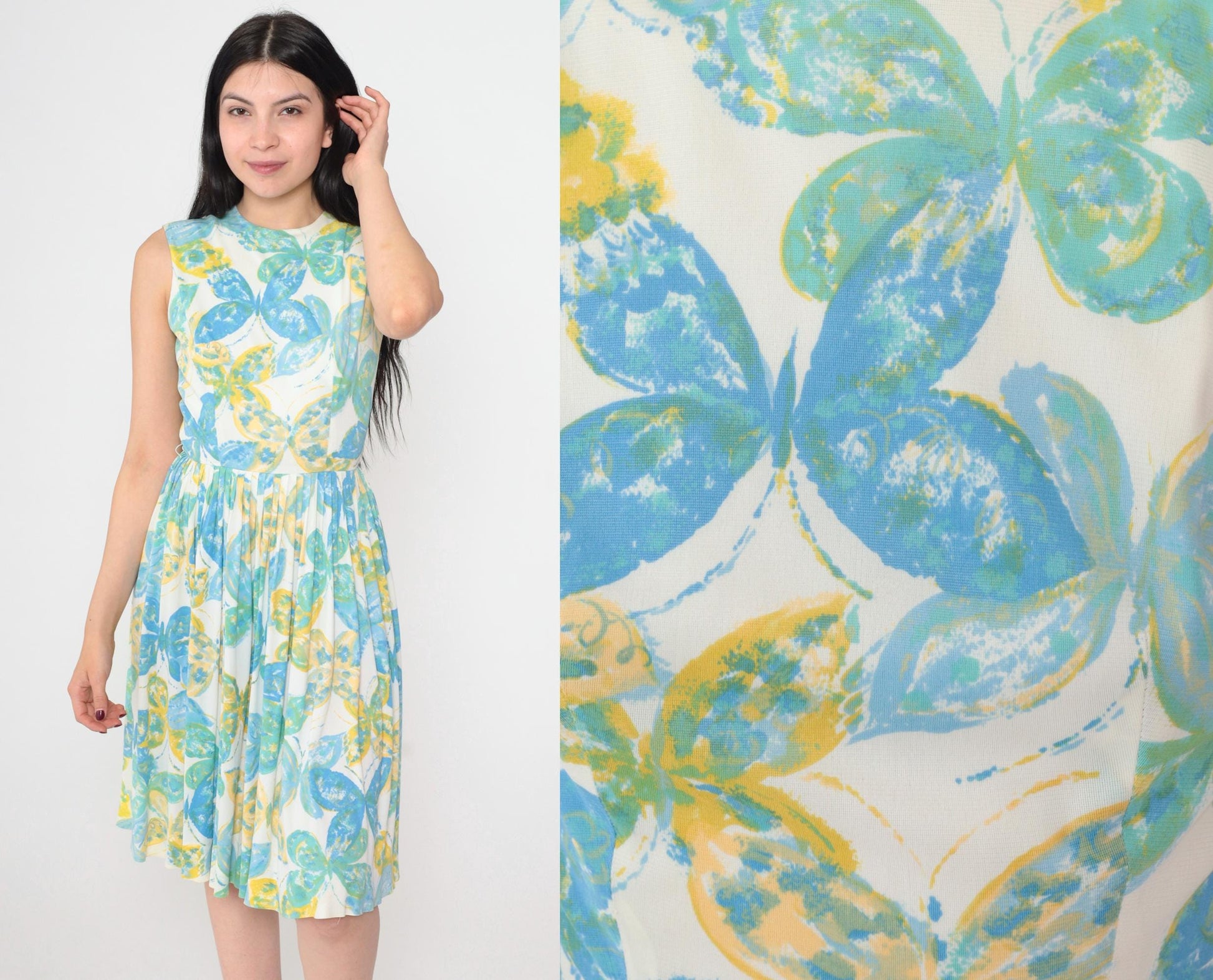 1960s Butterfly Print Mod Mini Dress White High Waist Sleeveless Extra Small