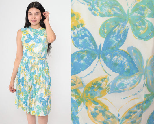 1960s Butterfly Print Mod Mini Dress White High Waist Sleeveless Extra Small