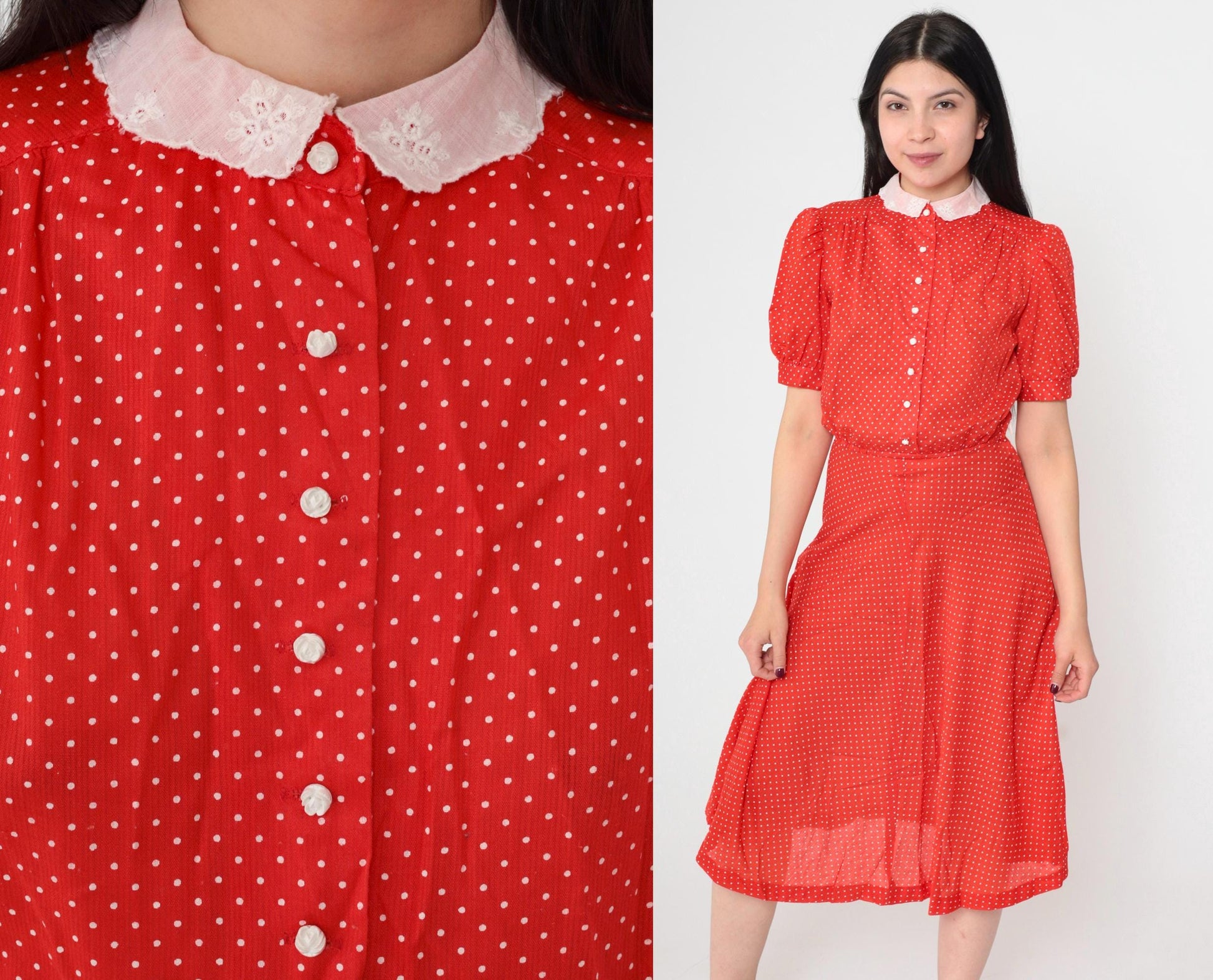 80s Red Polka Dot Midi Dress Peter Pan Collar Puff Sleeve High Waist Extra Small