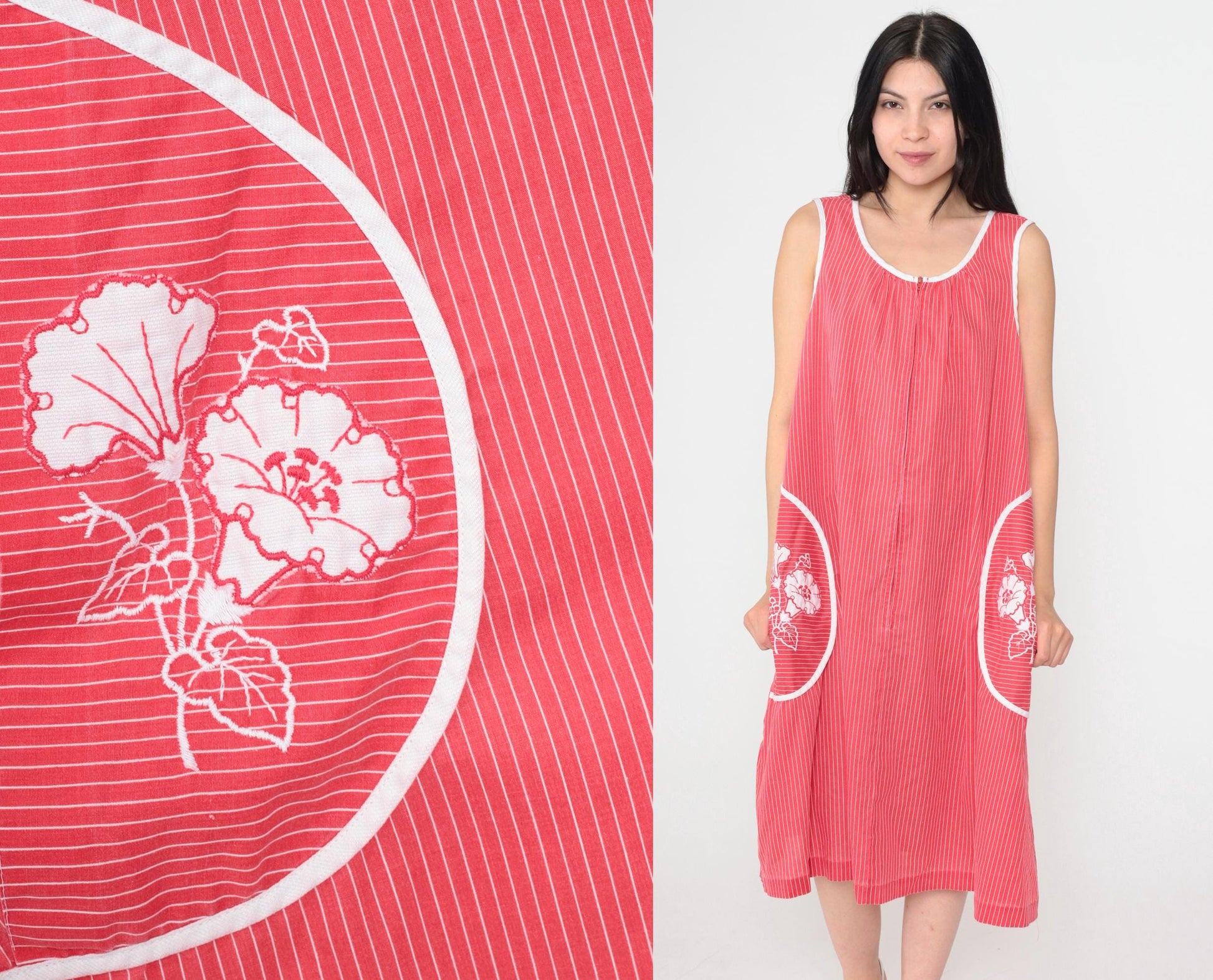80s Red Striped Midi Dress Floral Embroidered Pockets Sleeveless Scoop Neck Large