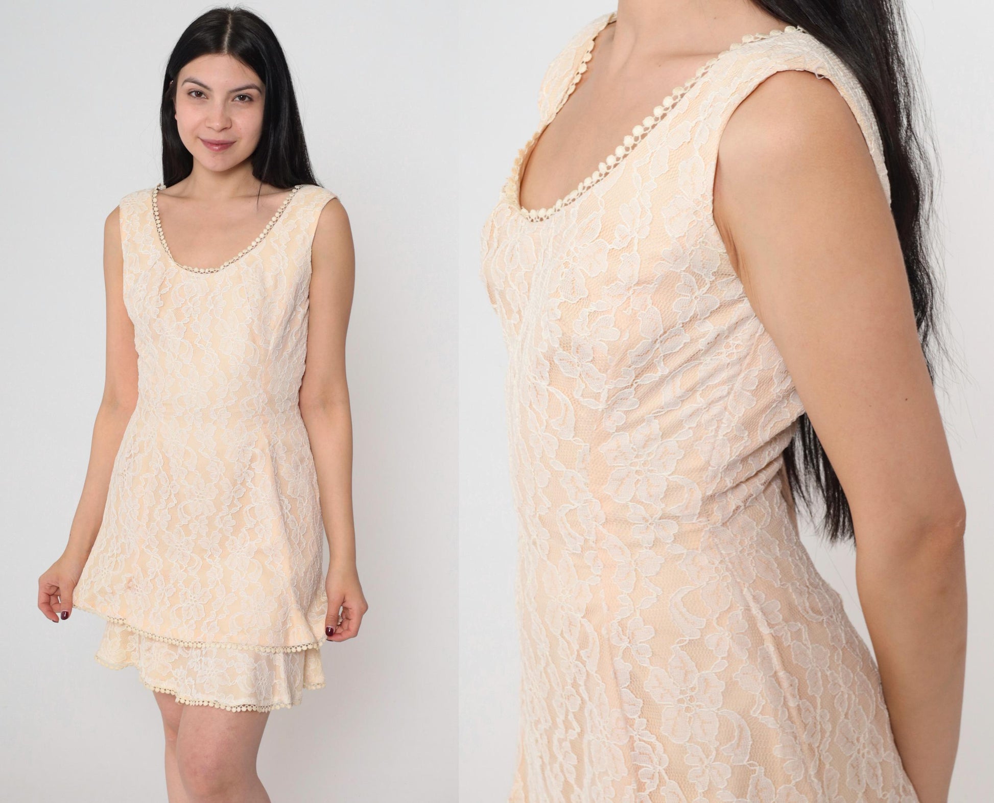 60s Lilli Diamond Cream Lace Shift Dress Sleeveless Mini Scoop Neck Extra Small