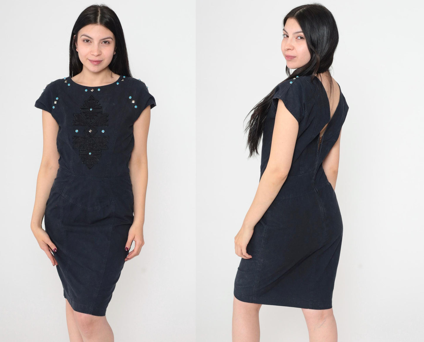90s Black Southwestern Embroidered Dress Turquoise Studs Cap Sleeve V Back Small