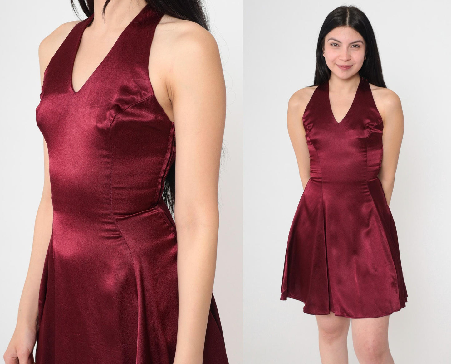 90s Jessica McClintock Gunne Sax Burgundy Satin Mini Halter Dress XS