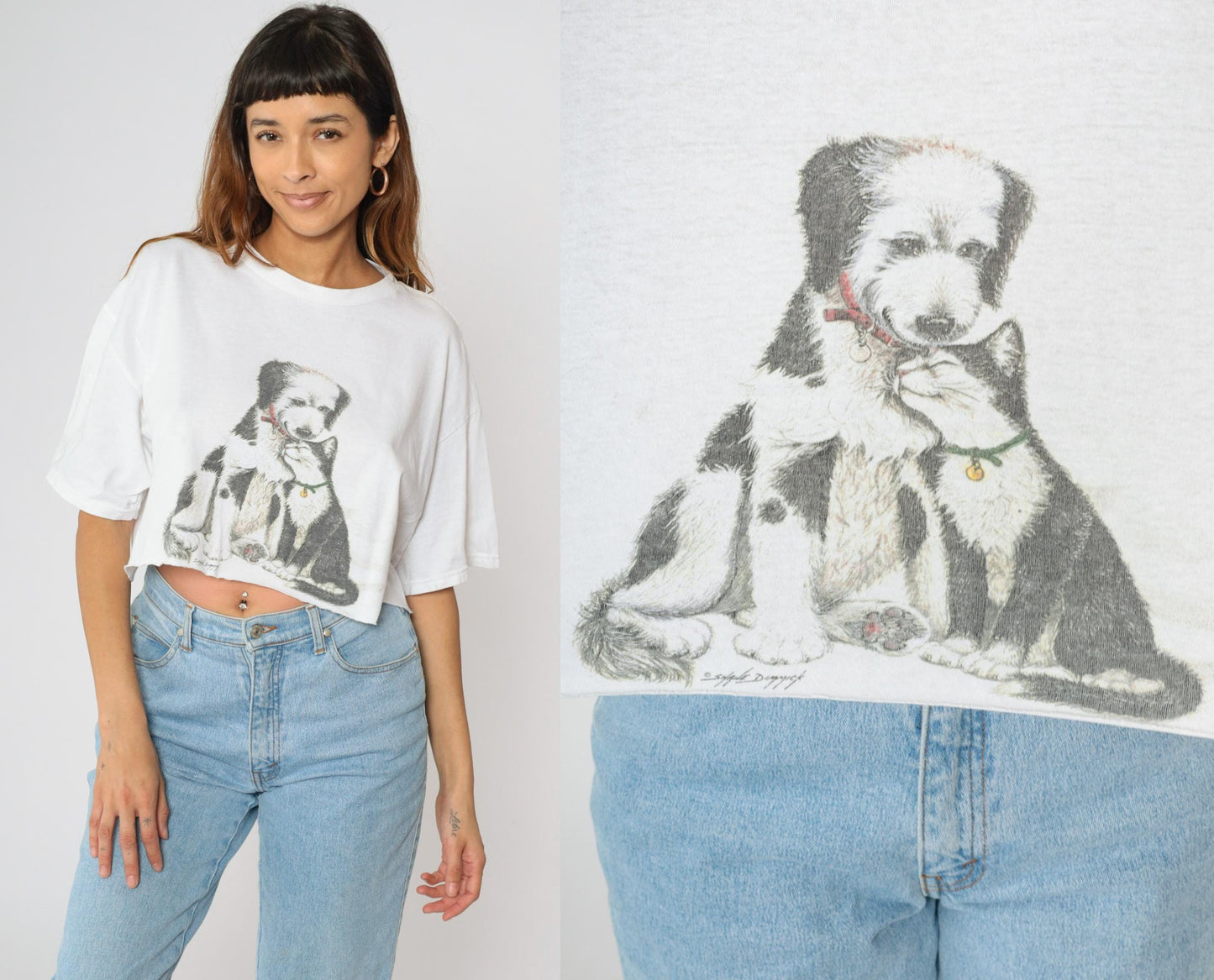 90s Cat & Dog Graphic Crop Top White Cotton T-Shirt Large L