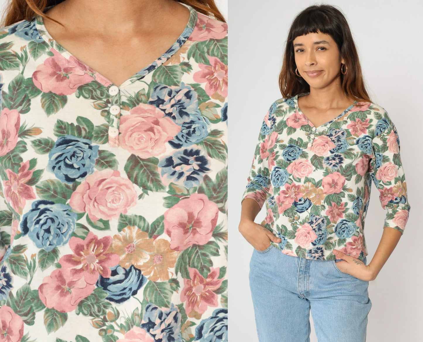 90s Floral Henley Shirt Pastel Print 3/4 Sleeve Button Up Cotton Medium M