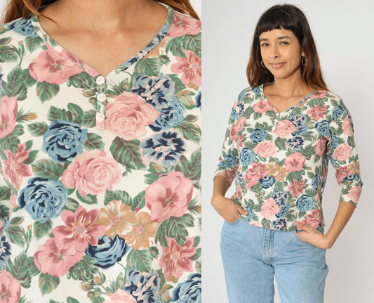 90s Floral Henley Shirt Pastel Print 3/4 Sleeve Button Up Cotton Medium M