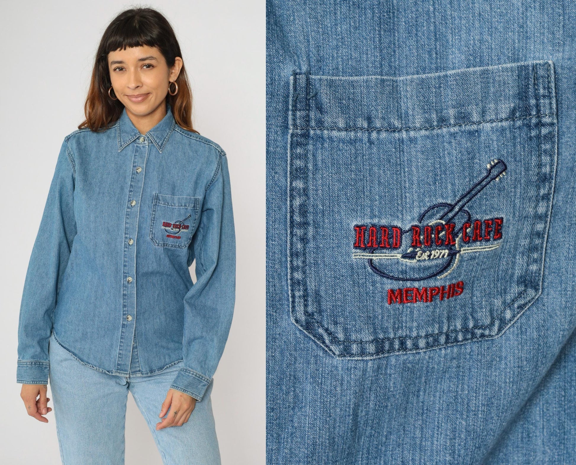 00s Hard Rock Cafe Memphis Denim Button-Up Shirt Blue Embroidered Medium M