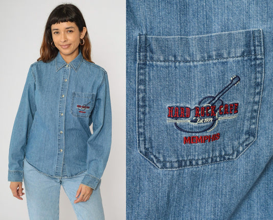 00s Hard Rock Cafe Memphis Denim Button-Up Shirt Blue Embroidered Medium M