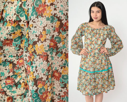 70s Floral Peasant Dress Off-Shoulder Tiered Mini Long Sleeve Small