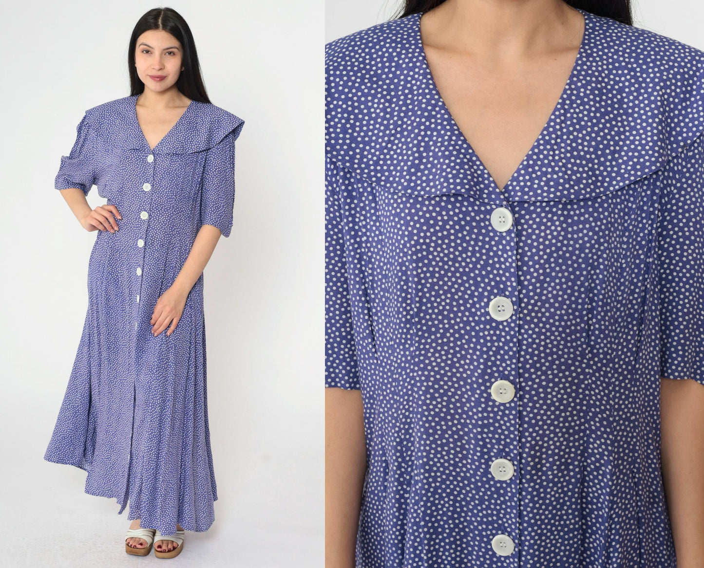 80s Purple Polka Dot Maxi Dress Sailor Collar Button-Up Rayon Large