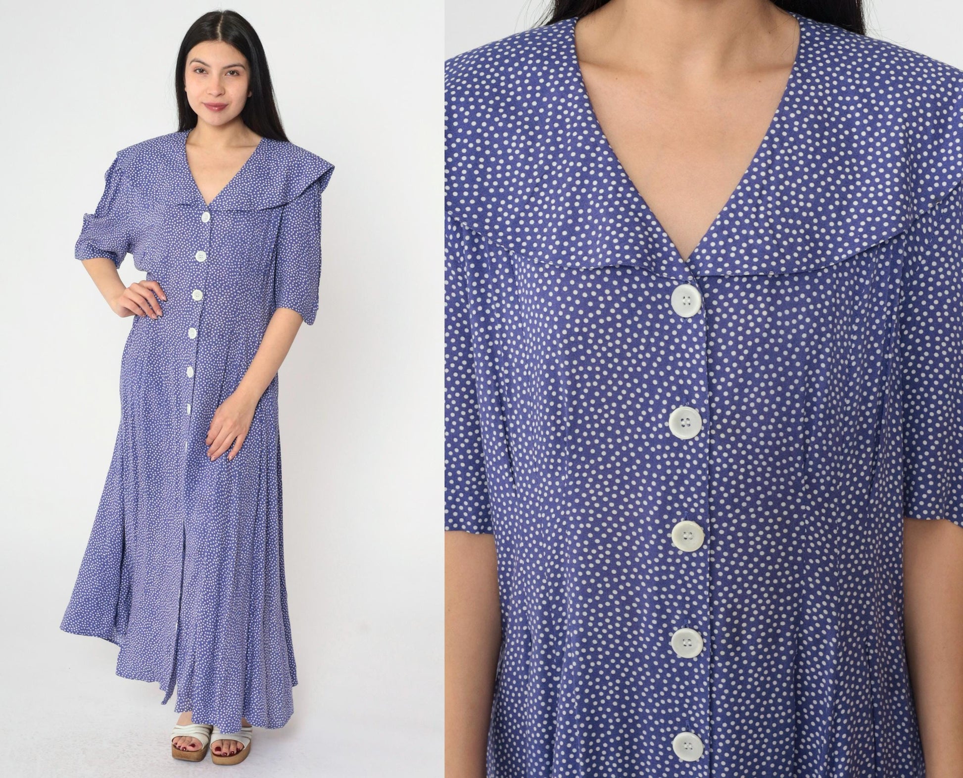 80s Purple Polka Dot Maxi Dress Sailor Collar Button-Up Rayon Large