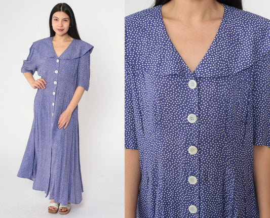 80s Purple Polka Dot Maxi Dress Sailor Collar Button-Up Rayon Large