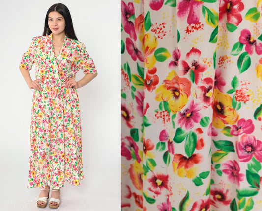 80s Liz Roberts Floral Wrap Dress Midi Pink Yellow White V-Neck Medium 8