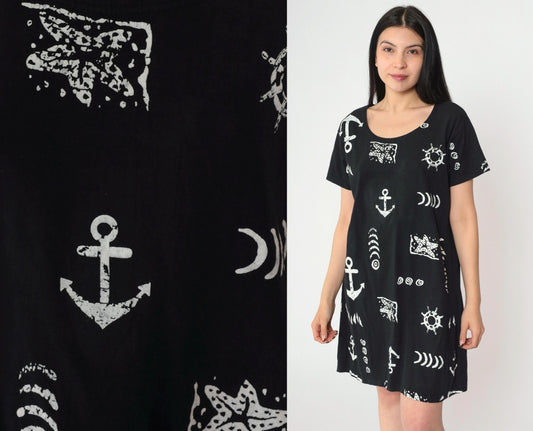 90s Black Nautical Anchor Starfish Print Mini Shift Dress Short Sleeve Medium M