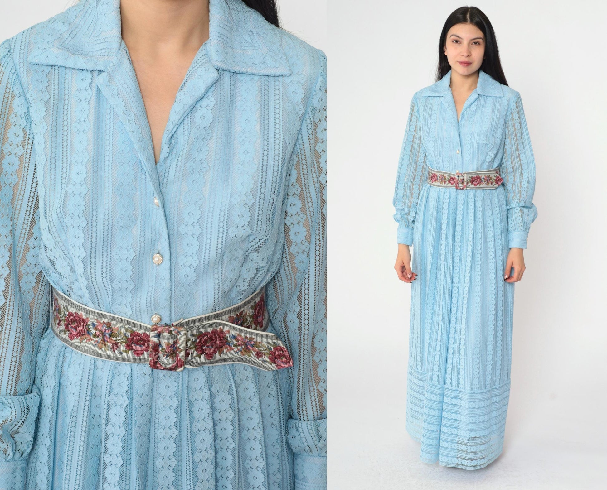 70s Baby Blue Crochet Lace Maxi Dress Pearl Buttons High Waist Small